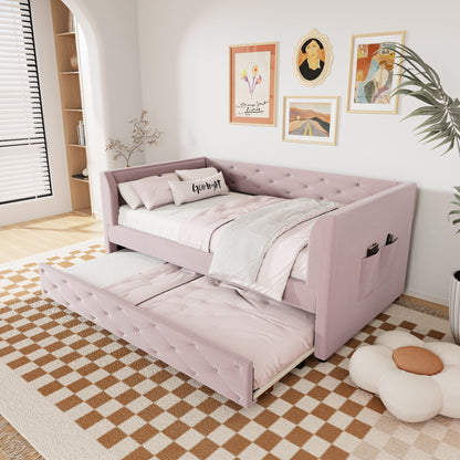 Twin Size Upholstered Tufted Daybed With Trundle - Pink