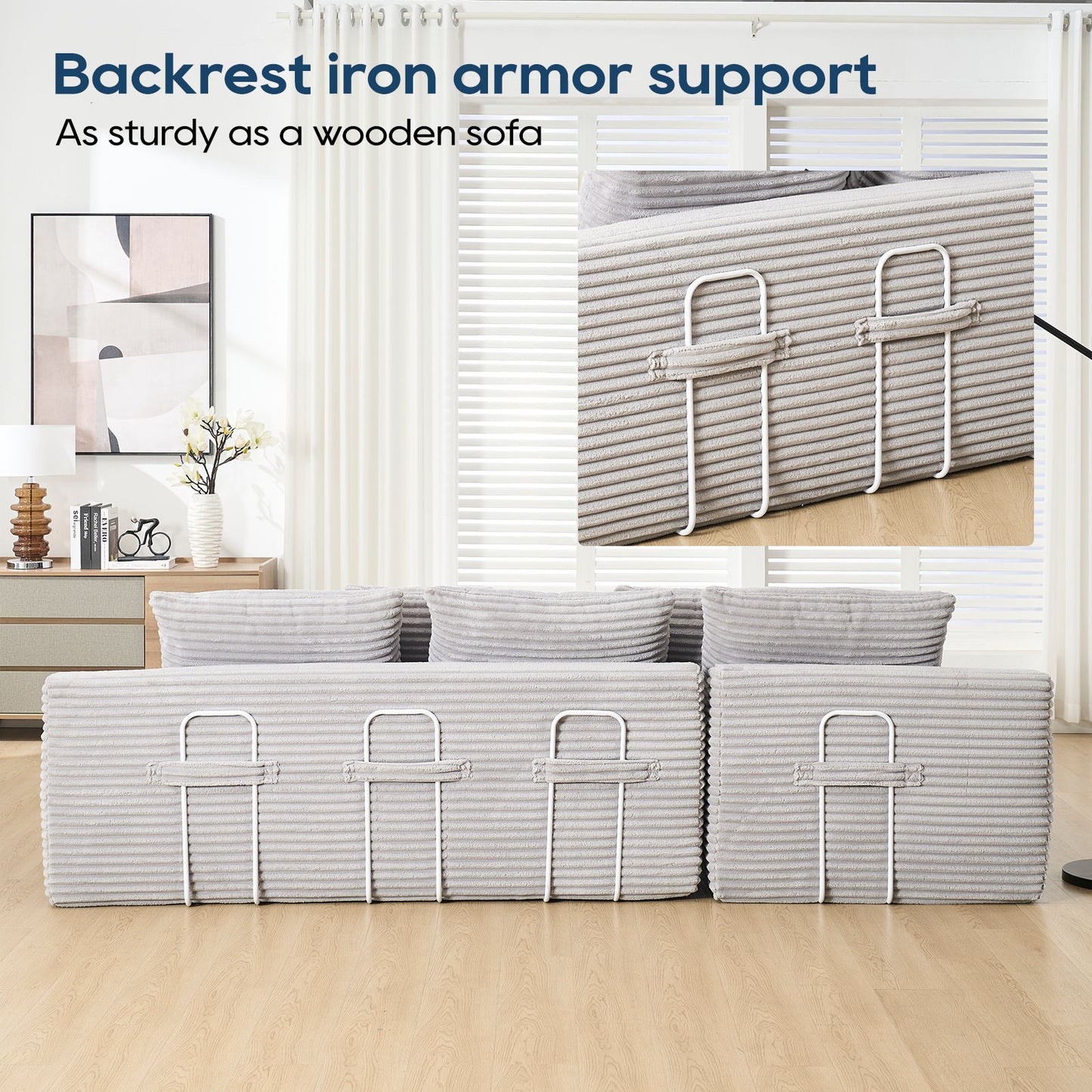 Modern L Shaped Sectional Sofa With Memory Foam & Steel Frame, Corduroy Fabric - Light Gray