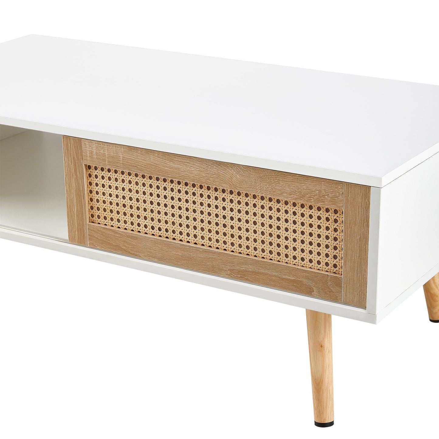 41.34" Rattan Coffee Table, Sliding Door For Storage, Solid Wood Legs, Modern Table For Living Room - White