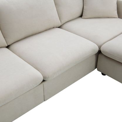 Modern Sectional Sofa With Throw Pillows, Cloud L Shaped Couch Set With Wide 4 Seat Comfy Couch Set With Movable Ottoman - Beige