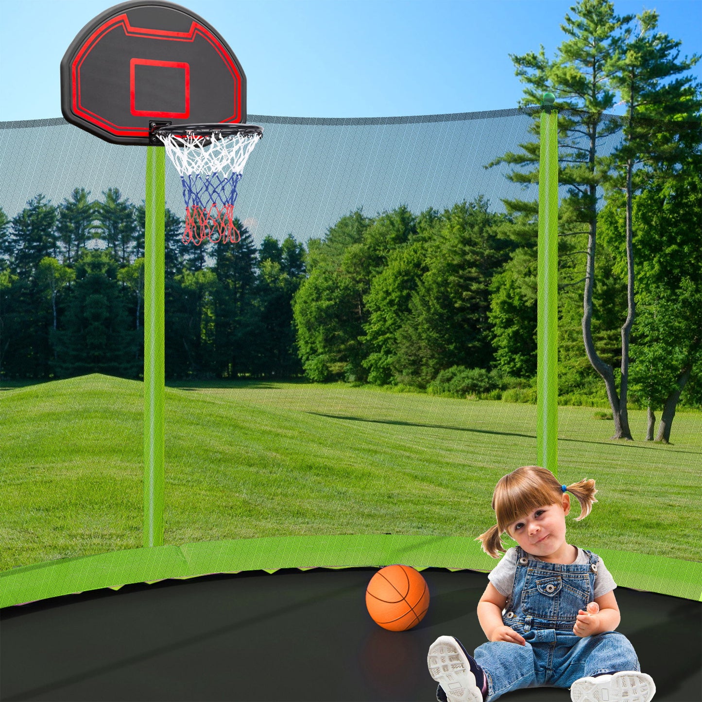 15Ft Trampoline With Basketball Hoop Inflator And Ladder (Inner Safety Enclosure) - Green