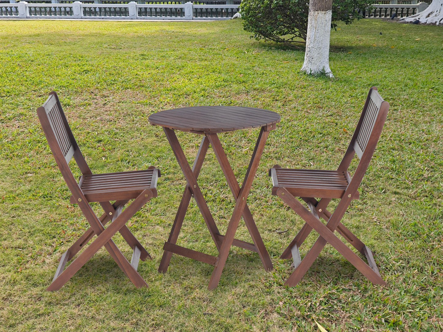 3 Piece Acacia Bistro Set, Folding Patio Furniture For Garden Backyard Balcony Porch With 1 Coffee Table And 2 Foldable Chairs - Natural Stained
