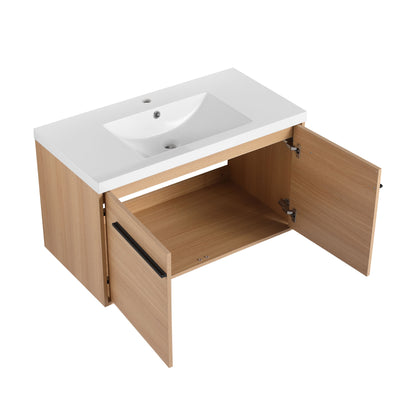 Bathroom Vanity With Resin Countertop Sink, 2 Doors Cabinet Set - Oak