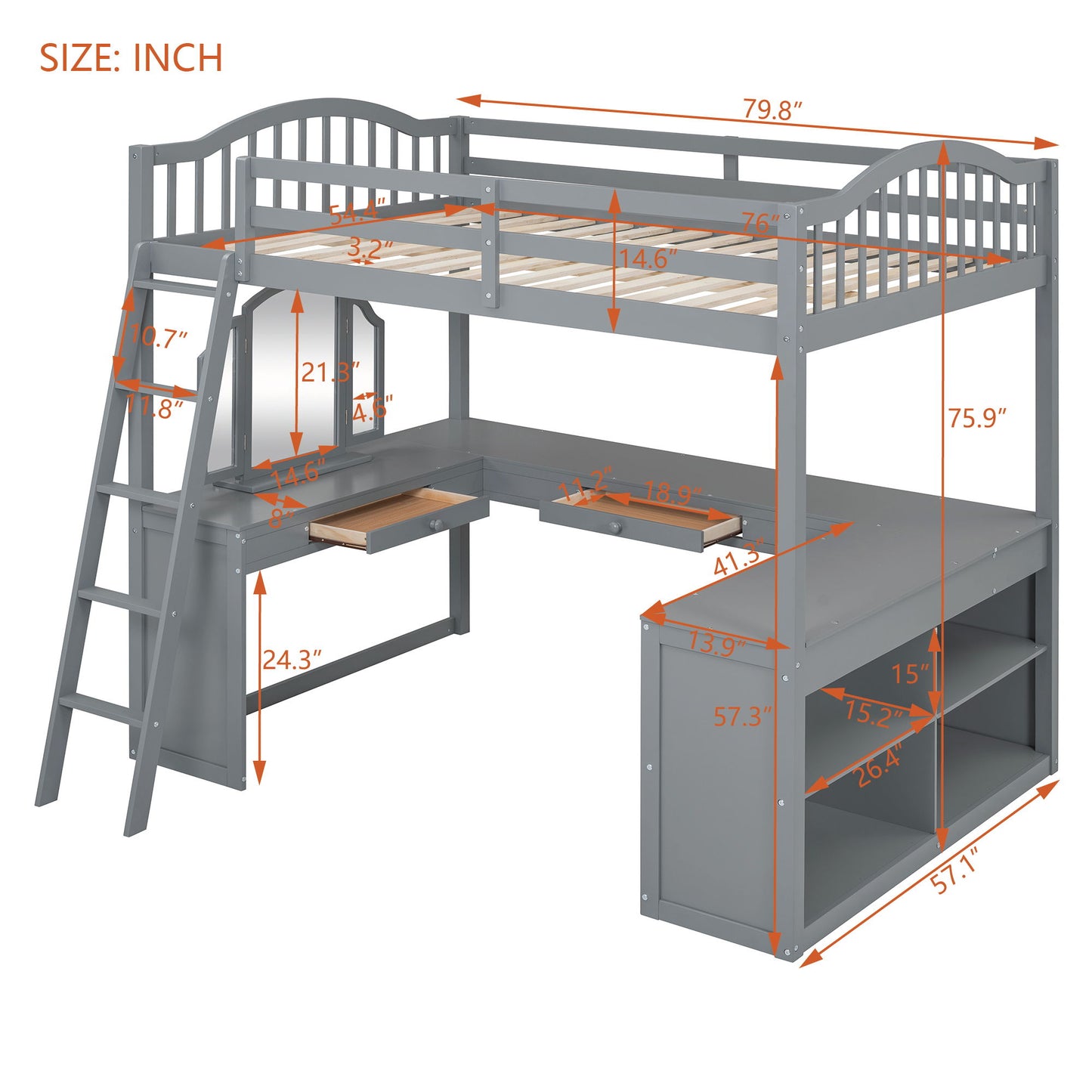 Full Loft Bed With U Shaped Desk, Storage Compartments And Tri Fold Mirror - Gray