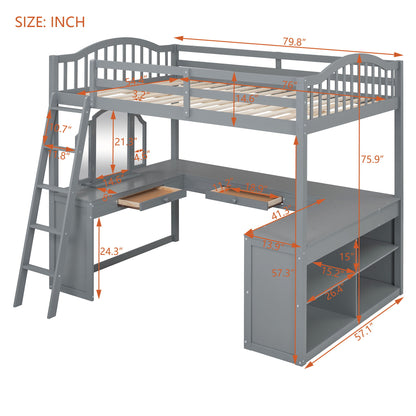 Full Loft Bed With U Shaped Desk, Storage Compartments And Tri Fold Mirror - Gray