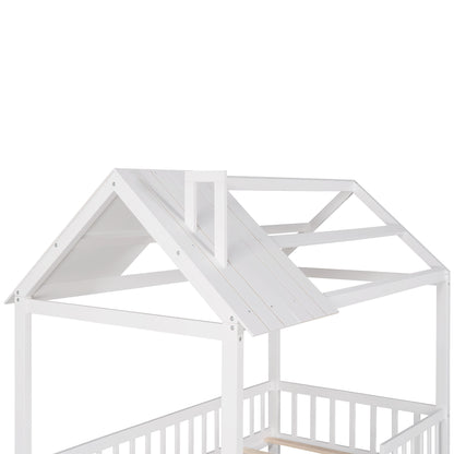 Twin Size House Bed With Fence - White