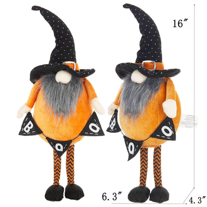 Standing Gnome With Gnome & Holding Banner, For Halloween Decor (Set of 2) - Black / Orange / White