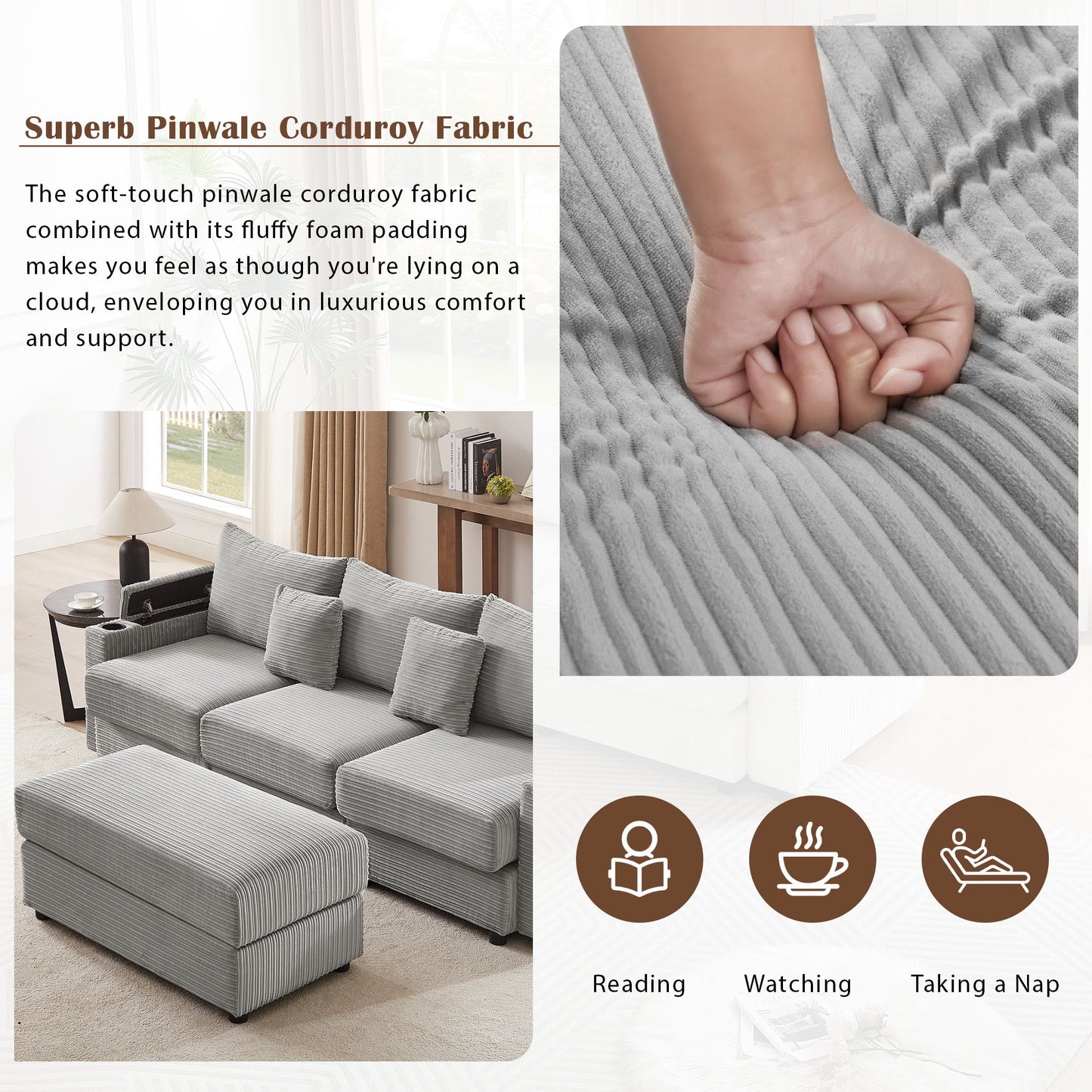 Modern Style 3 - Seater Sofa Sectional Sofa Couch With Storage Space, A Movable Ottoman, Two USB Ports, Two Cup Holders, A Phone Holder For Living Room - Gray