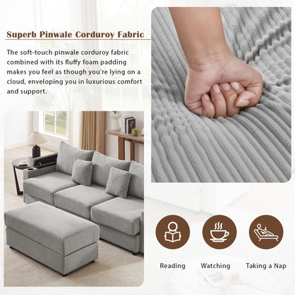 Modern Style 3 - Seater Sofa Sectional Sofa Couch With Storage Space, A Movable Ottoman, Two USB Ports, Two Cup Holders, A Phone Holder For Living Room - Gray