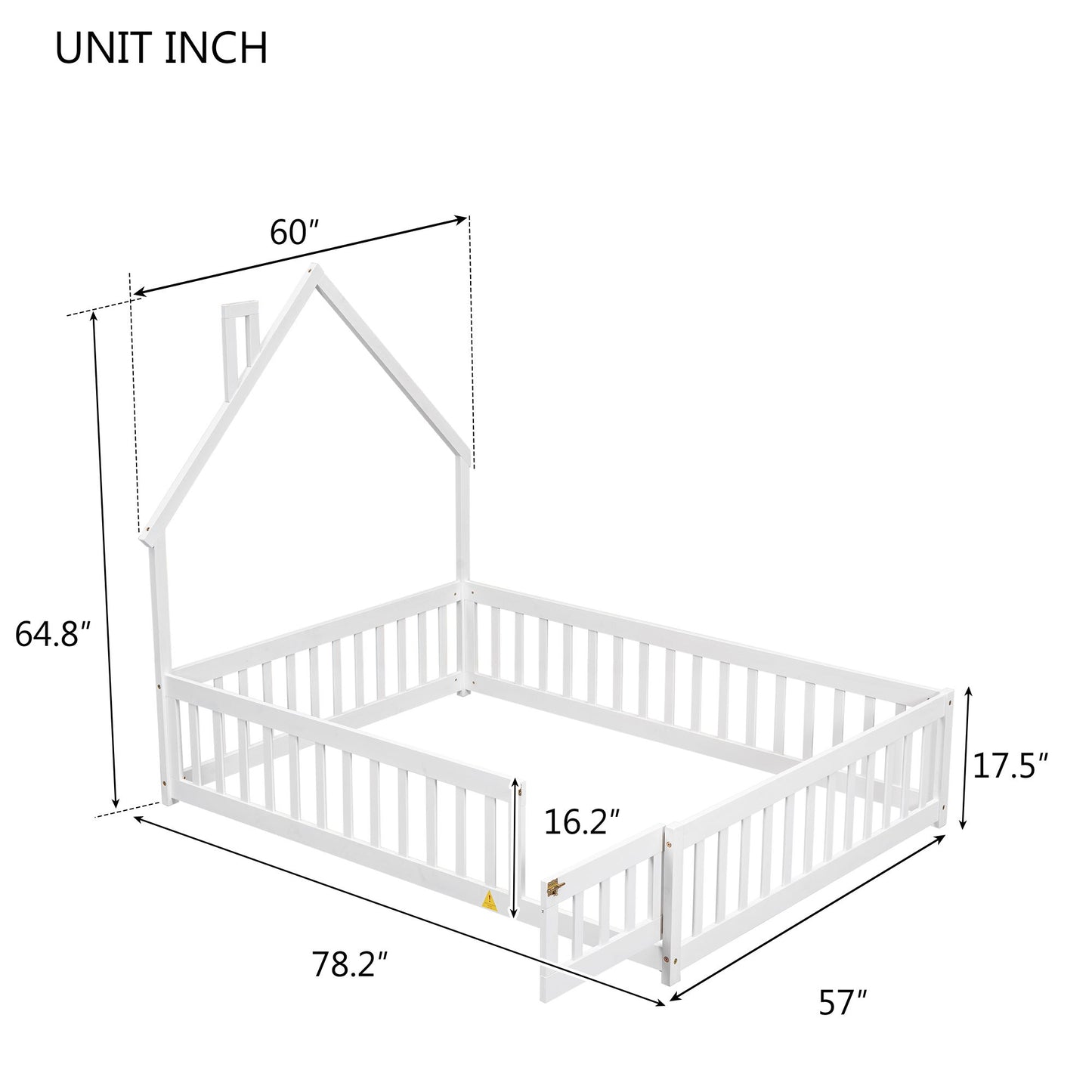 Full House-Shaped Headboard Floor Bed With Fence - White