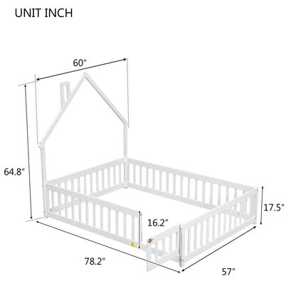 Full House-Shaped Headboard Floor Bed With Fence - White