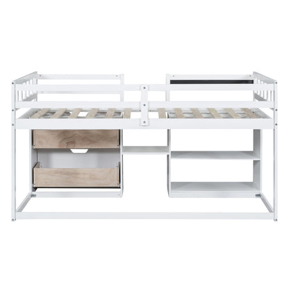Twin Size Low Loft Bed With Rolling Desk, Shelf And Drawers - White