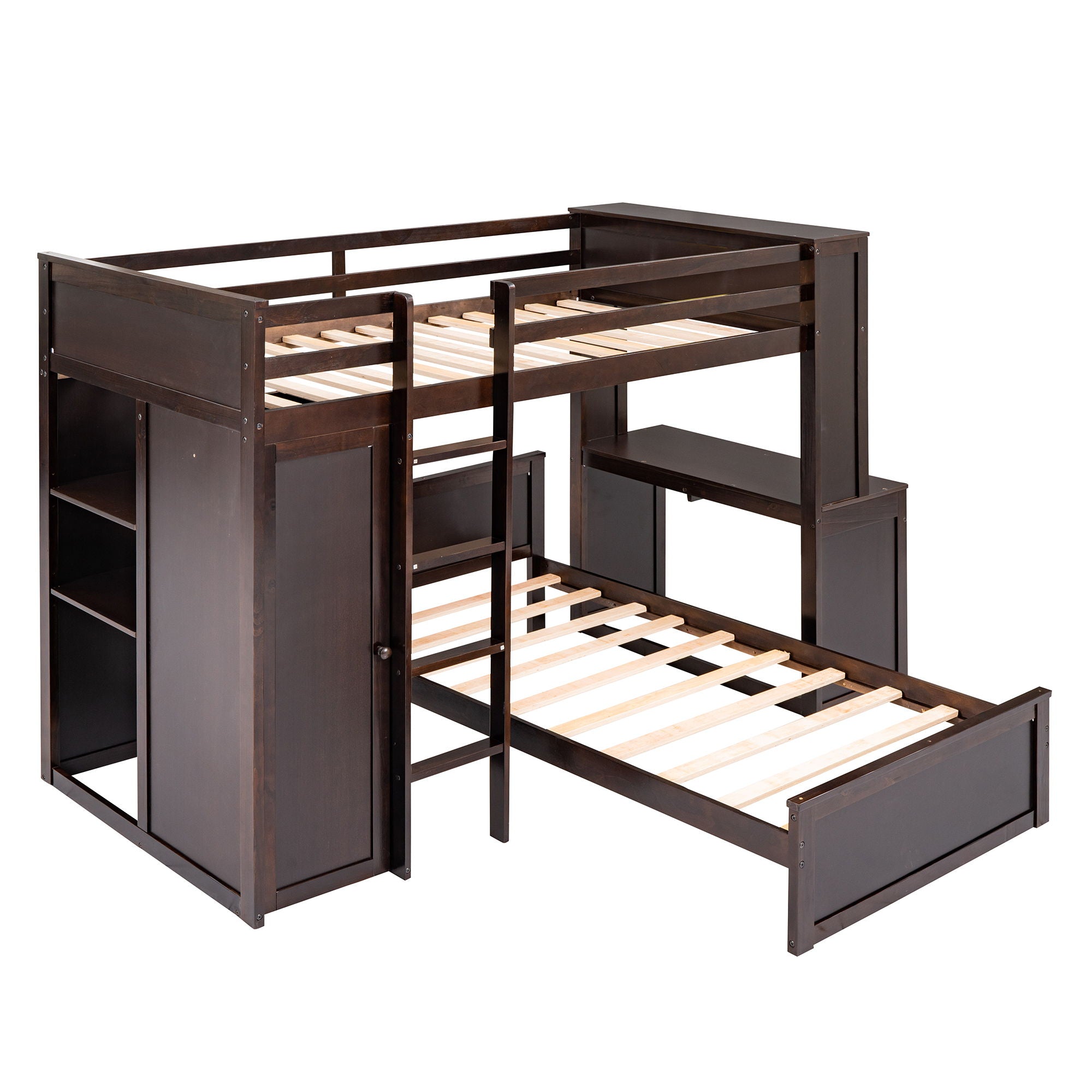 Twin Size Loft Bed With A Stand Alone Bed, Shelves, Desk, And Wardrobe - Espresso