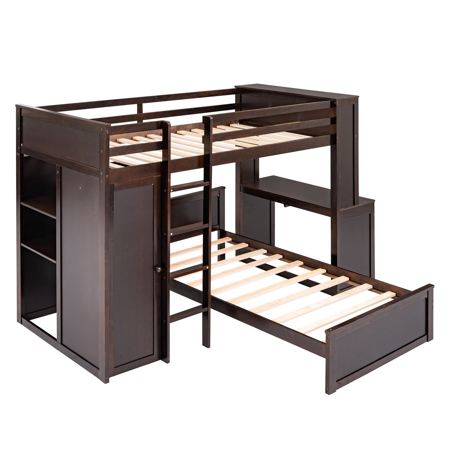 Twin Size Loft Bed With A Stand Alone Bed, Shelves, Desk, And Wardrobe - Espresso