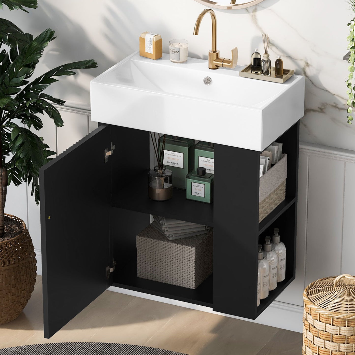 Modern Floating Bathroom Vanity With Ceramic Basin, Perfect For Small Bathrooms, Right Side Storage - Black
