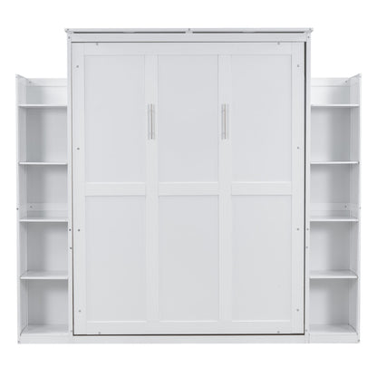 Queen Size Murphy Wall Bed With Shelves And LED Lights - White