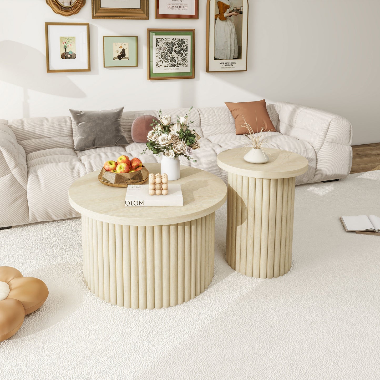 Coffee Table (Set of 2), Round Coffee Table, Modern Side Tables Accent End Table For Living Room, Apartment - Natural