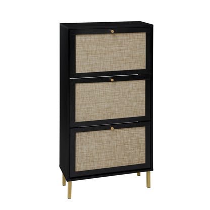 Modern Rattan 3 Door Shoe Rack Cabinet For Entryway Freestanding Black Storage Unit In Particle Board - Black