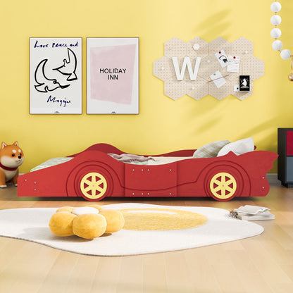 Twin Size Platform Bed Race Car Shaped With Wheels - Red