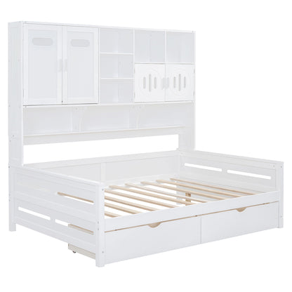 Full Size Daybed With 2 Drawers And All In One Cabinet And Shelf - White