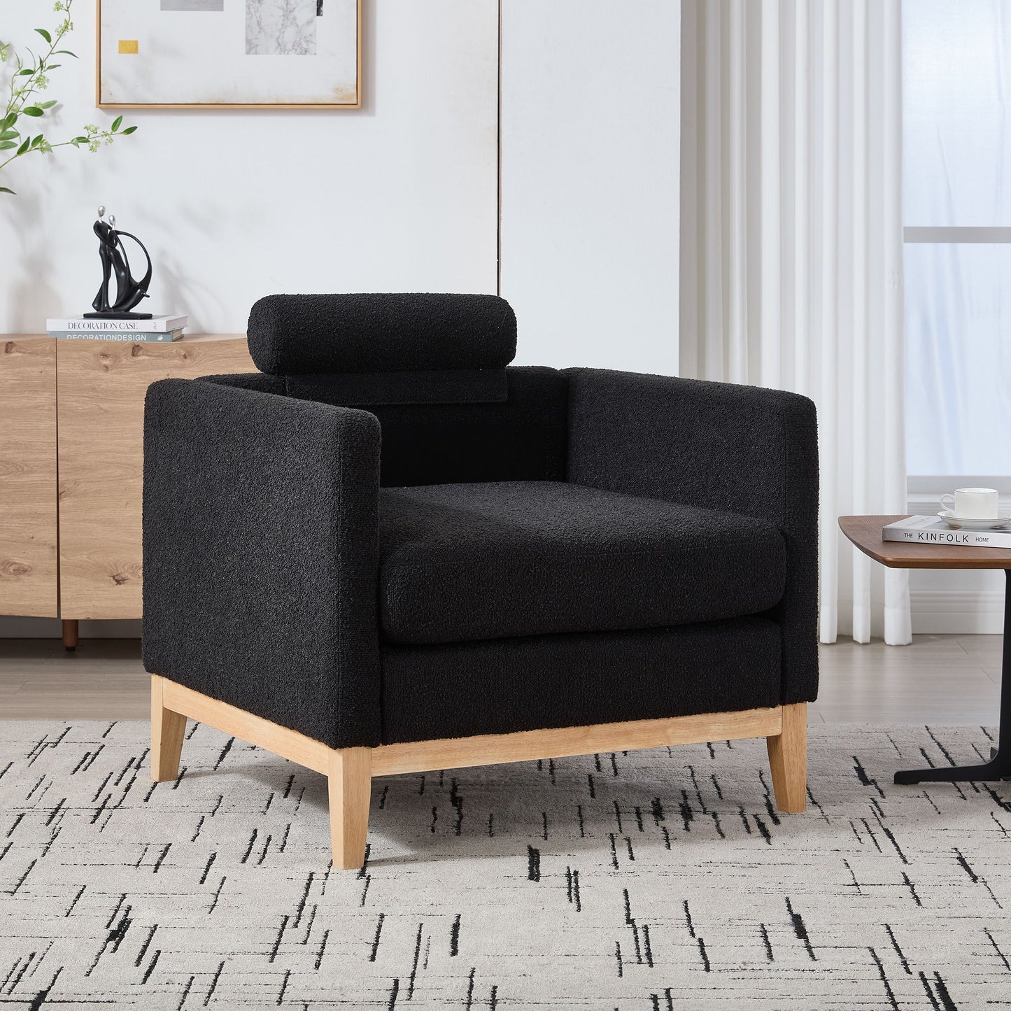 Wide Modern Farmhouse Performance Accent Chair With Natural Wood Legs, Wood Base Reading Armchair Single Sofa With 2 Bolster Pillows For Living Room Offices And Lounge - Black