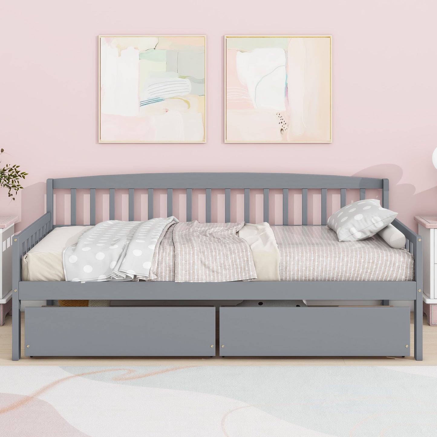 Twin Size Pine Wood Daybed With Two Storage Drawers, Sofa Bed With Bed Platform Of 10 Support Slats - Gray