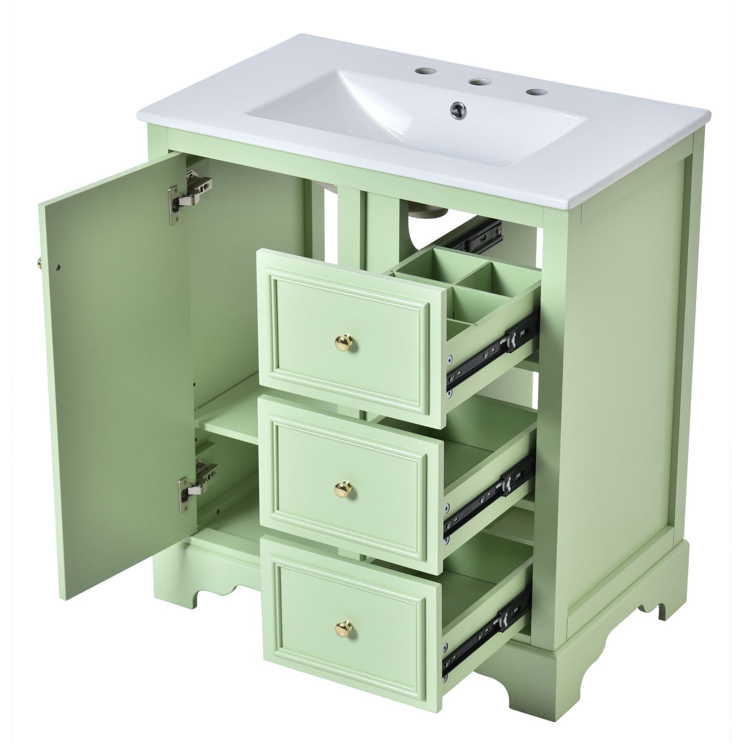 Bathroom Vanity Cabinet With Ceramic Basin, 3 Drawers And Adjustable Shelves - Green
