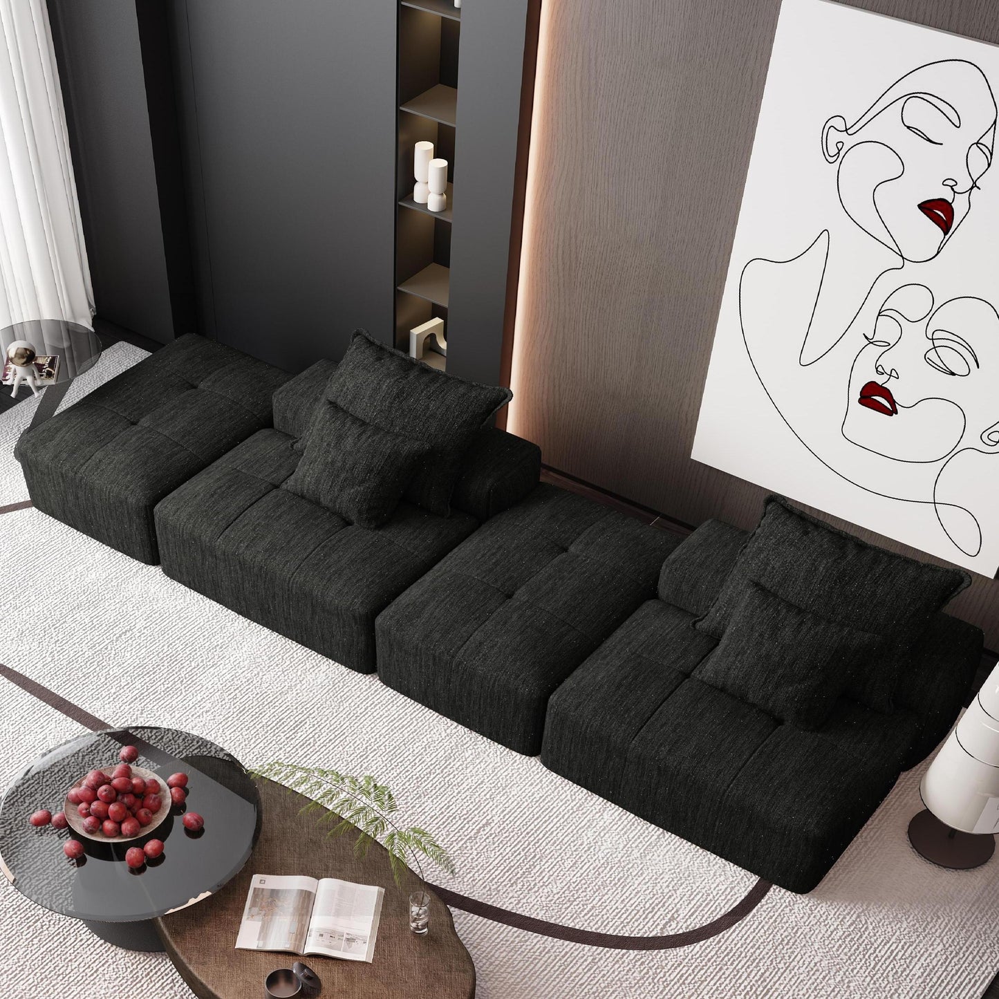 Modern Oversized Modular Sectional Sofa With 2 Ottoman And 2 Seat, Sparkling Chenille Fabric Soft Cushion Sofa With 4 Pillows, 4 Pieces Diy Combination Tufted Sofa, No Assembly Required - Black