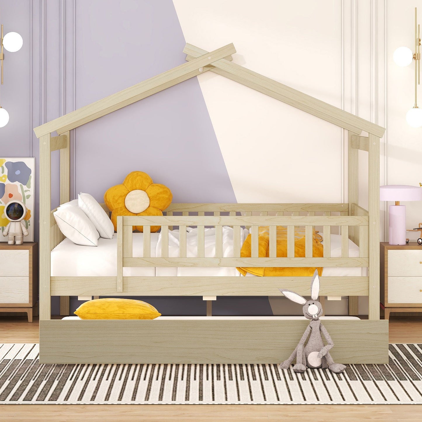 Full Size House Bed With Twin Size Trundle - Natural