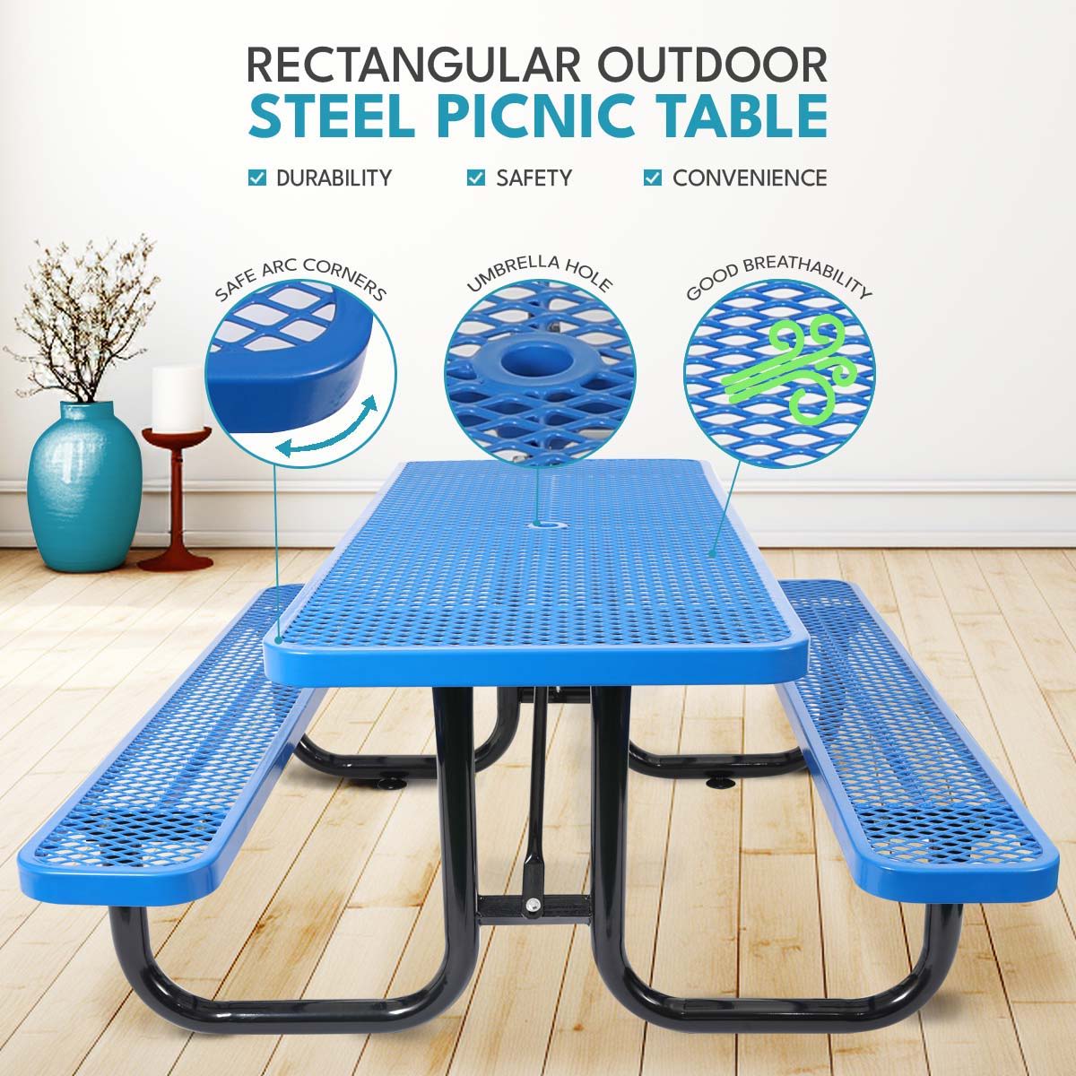 Outdoor Steel Picnic Rectangular Table With Umbrella Pole - Blue