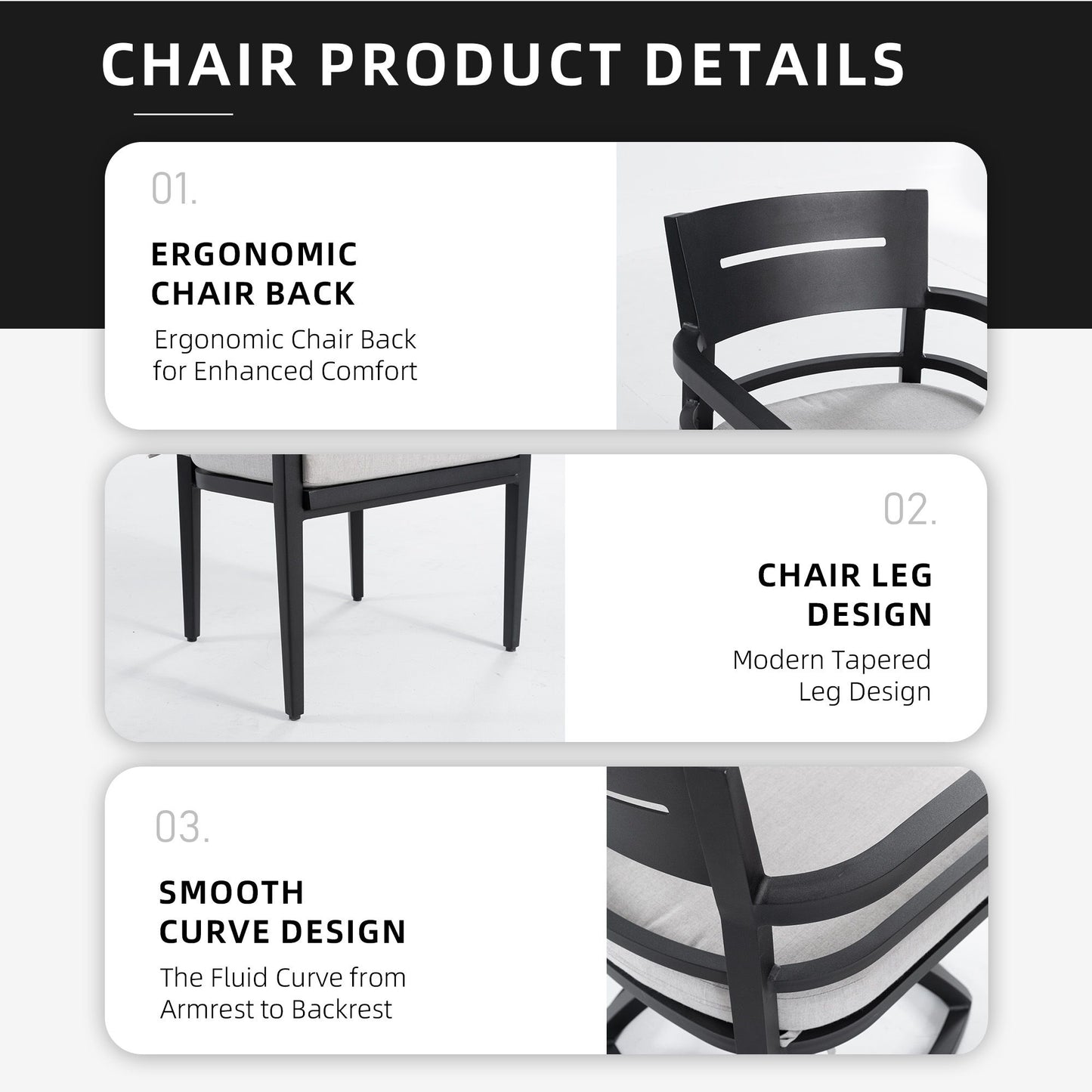 7 Pieces Modern Outdoor Patio Dining Set, Rectangular Table, 4 Chairs & 2 Swivel Rockers, Sunbrella Cushions - Ember Black