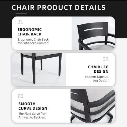 7 Pieces Modern Outdoor Patio Dining Set, Rectangular Table, 4 Chairs & 2 Swivel Rockers, Sunbrella Cushions - Ember Black