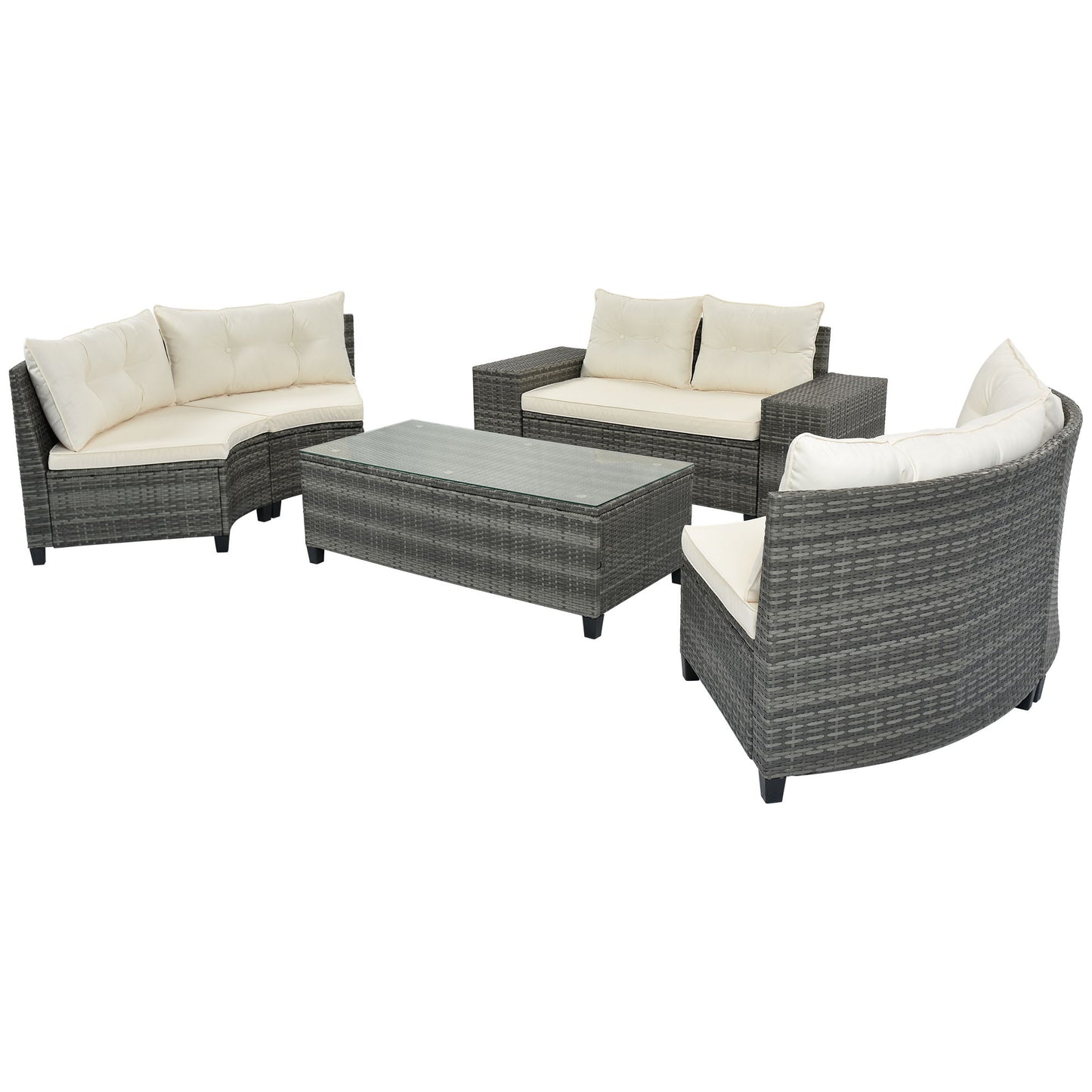 8 Pieces Outdoor Wicker Round Sofa Set, Half-Moon Sectional Sets All Weather, Curved Sofa Set With Rectangular Coffee Table, PE Rattan Water-Resistant And UV Protected, Movable Cushion - Beige