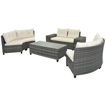 8 Pieces Outdoor Wicker Round Sofa Set, Half-Moon Sectional Sets All Weather, Curved Sofa Set With Rectangular Coffee Table, PE Rattan Water-Resistant And UV Protected, Movable Cushion - Beige