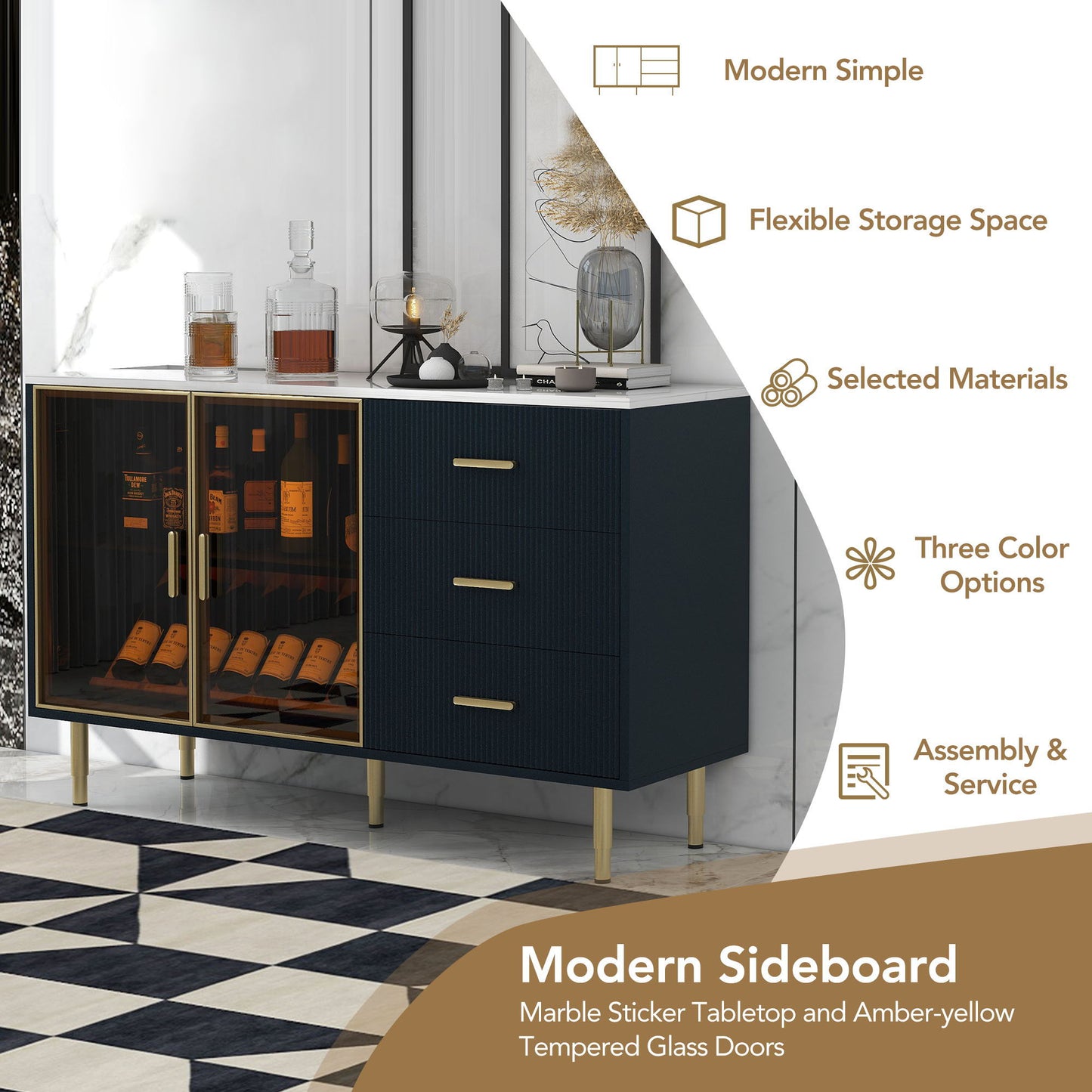 Modern Sideboard Buffet Cabinet Marble Sticker Tabletop And Amber-Yellow Tempered Glass Doors With Gold Metal Legs & Handles - Navy Blue