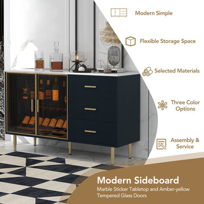 Modern Sideboard Buffet Cabinet Marble Sticker Tabletop And Amber-Yellow Tempered Glass Doors With Gold Metal Legs & Handles - Navy Blue