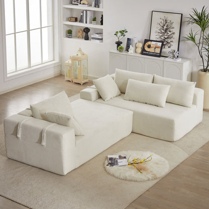 Modern Chenille Upholstered Sectional Sofa Couch Set, Modular L Shaped Sectional Living Room Sofa Set & 6 Pillows, Free Combination - Beige