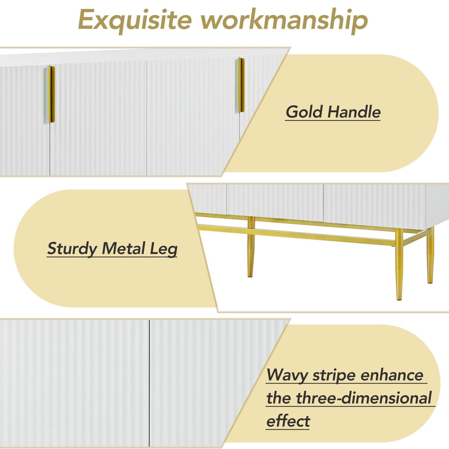 Modern Elegant 4 Door Sideboard Gold Metal Handle Buffet Cabinet For Dining Room, Living Room, Bedroom, Hallway - White
