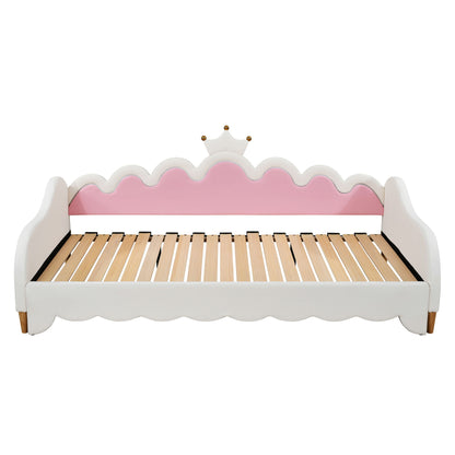 Twin Extending Daybed With LED Lights, Modern Upholstered Princess Daybed With Crown Headboard - White