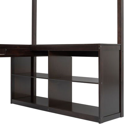 Full Loft Bed With U Shaped Desk, Storage Compartments And Tri Fold Mirror - Espresso