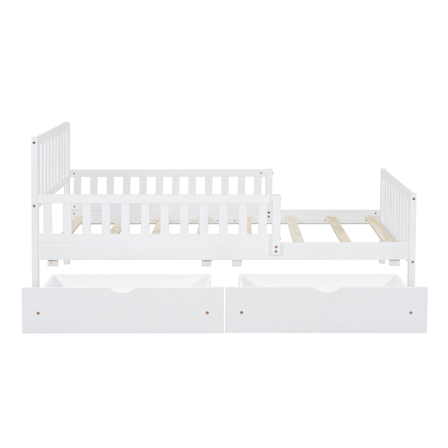 Twin Size Platform Bed With Guardrails On Both Sides And 2 Storage Drawers - White