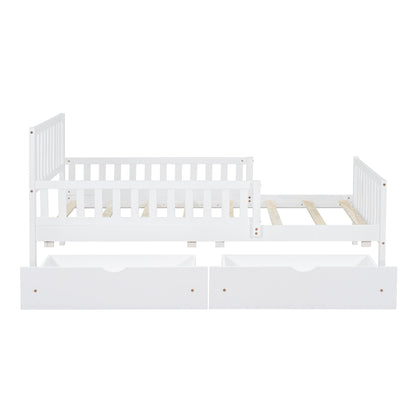 Twin Size Platform Bed With Guardrails On Both Sides And 2 Storage Drawers - White