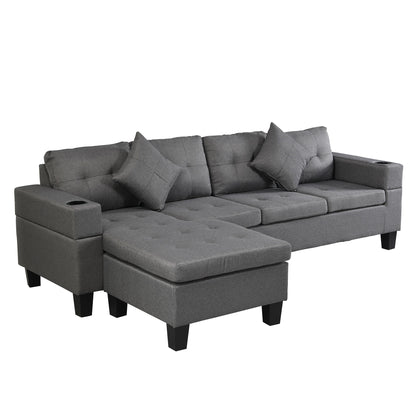 Sectional Sofa Set For Living Room With L Shape Chaise Lounge, Cup Holder And Left Or Right Hand Chaise Modern 4 Seat - Gray