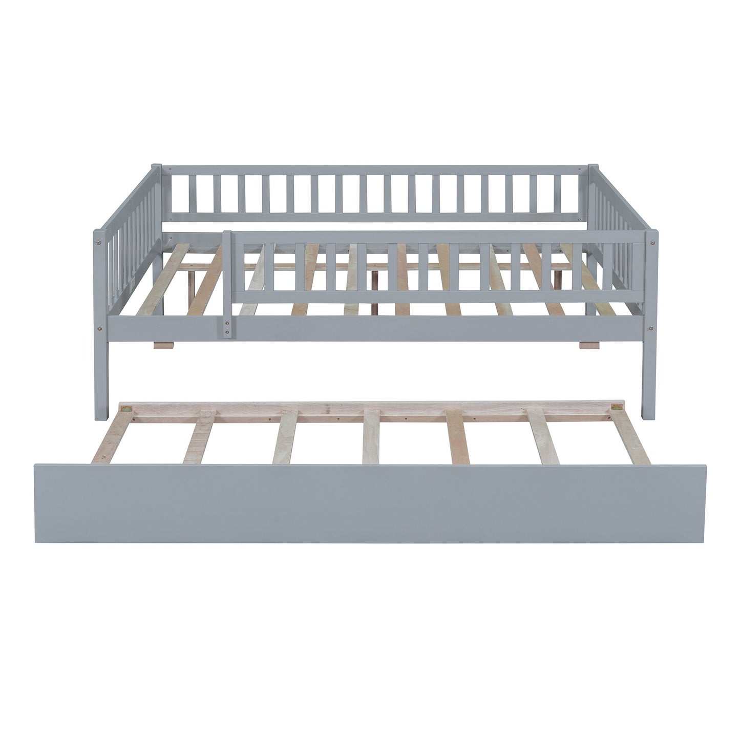 Full Size Daybed With Trundle And Fence Guardrails - Gray