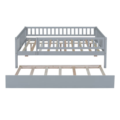 Full Size Daybed With Trundle And Fence Guardrails - Gray