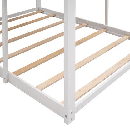 Full Over Full Bunk Bed With Roof, Window, Guardrail, Ladder - White