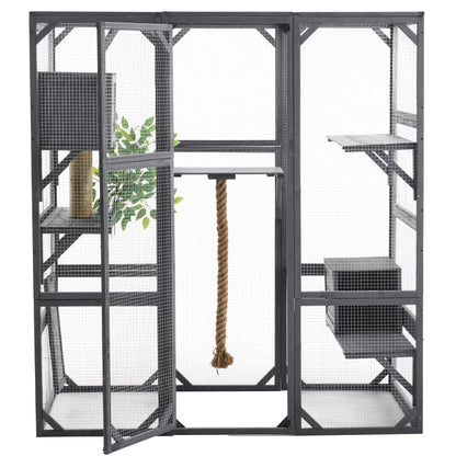 Outdoor Diy Cat House Catio With Double Enter Doors, Platforms, And Condos - Dark Gray