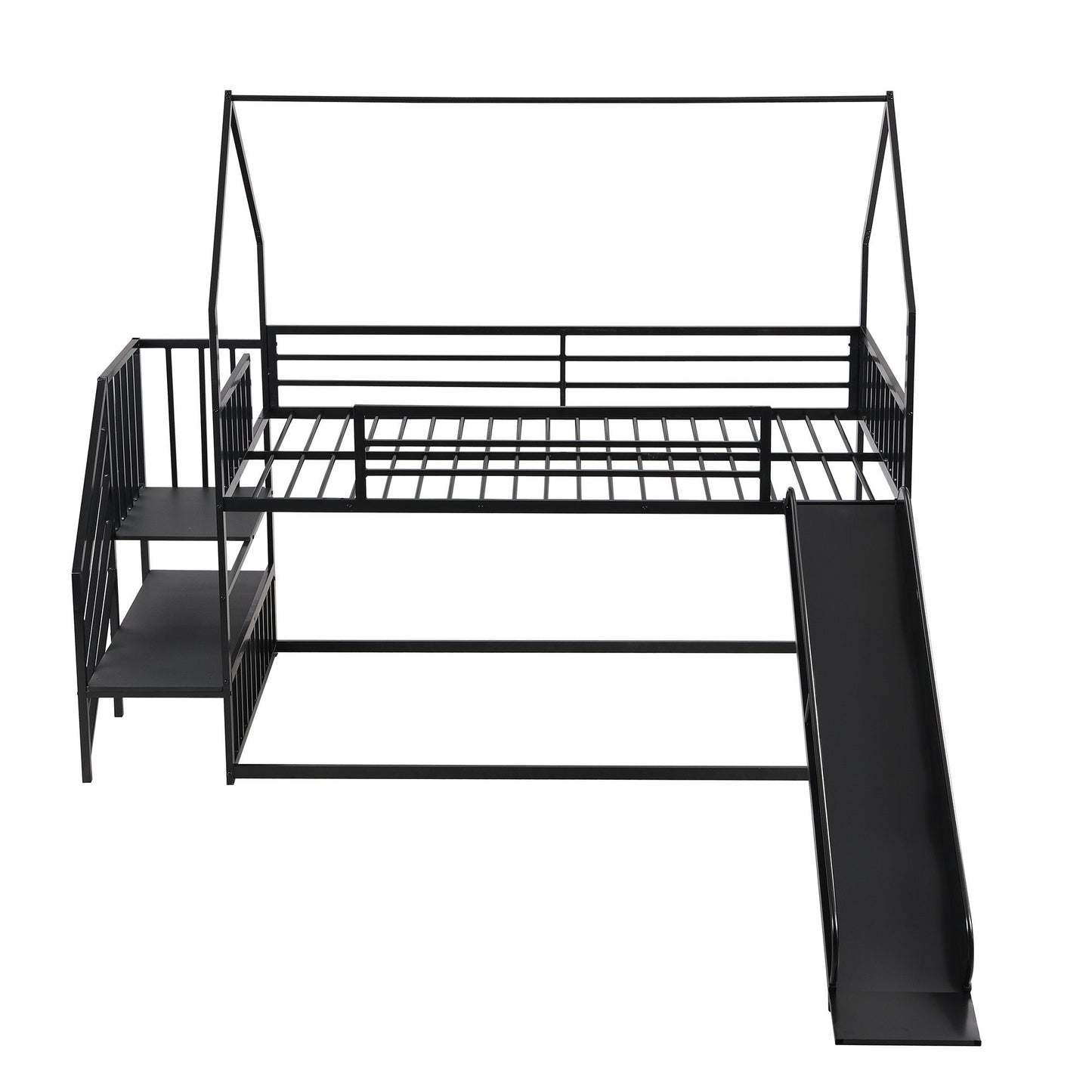 Twin Size Metal Bunk Bed House Bed With Slide And Staircase - Black