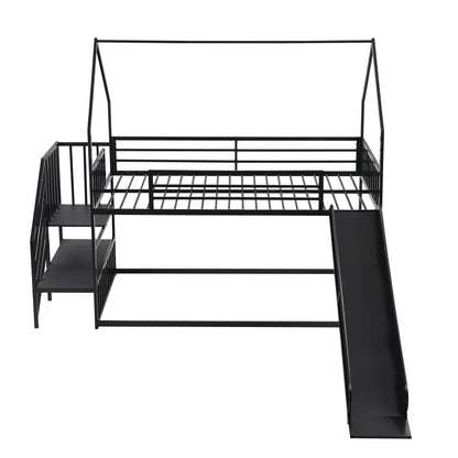 Twin Size Metal Bunk Bed House Bed With Slide And Staircase - Black