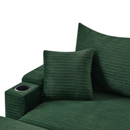 Modern Style Single Sofa Sofa Couch With Storage Space, A Movable Ottoman, Two USB Ports, Two Cup Holders, A Phone Holder For Living Room - Green